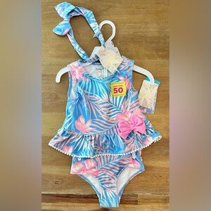 NWT Tommy Bahama 3 Piece Tankini Swim Set Blue and Pink Tropical Print UPF 50